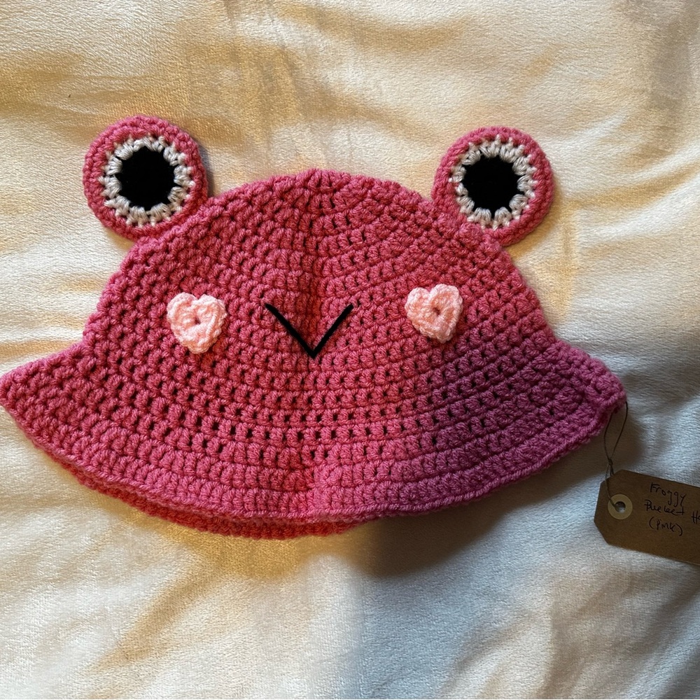 Handmade crochet pink froggy bucket hat